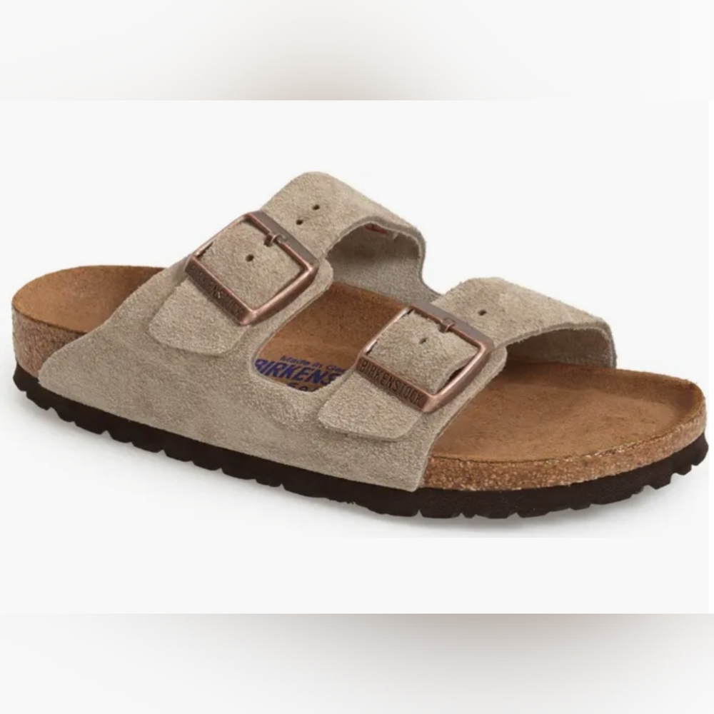 Birkenstock Arizona Suede Sandal in Beige with Bronze Buckles